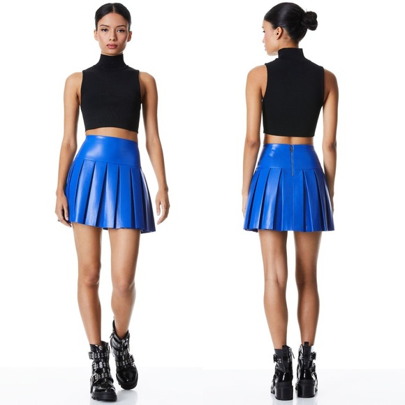 Alice + Olivia Emilie Vegan Leather Box Pleated Mini Skirt Size 6 | Royalty Blue - Picture 2 of 11